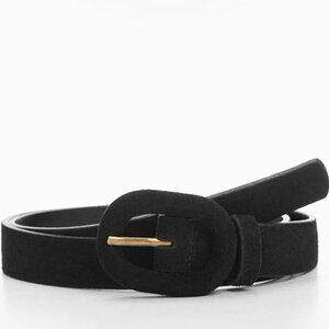 Mango MNG Cuarcita Bovine Suede Leather Slim Belt Black and Gold Women's S 26"